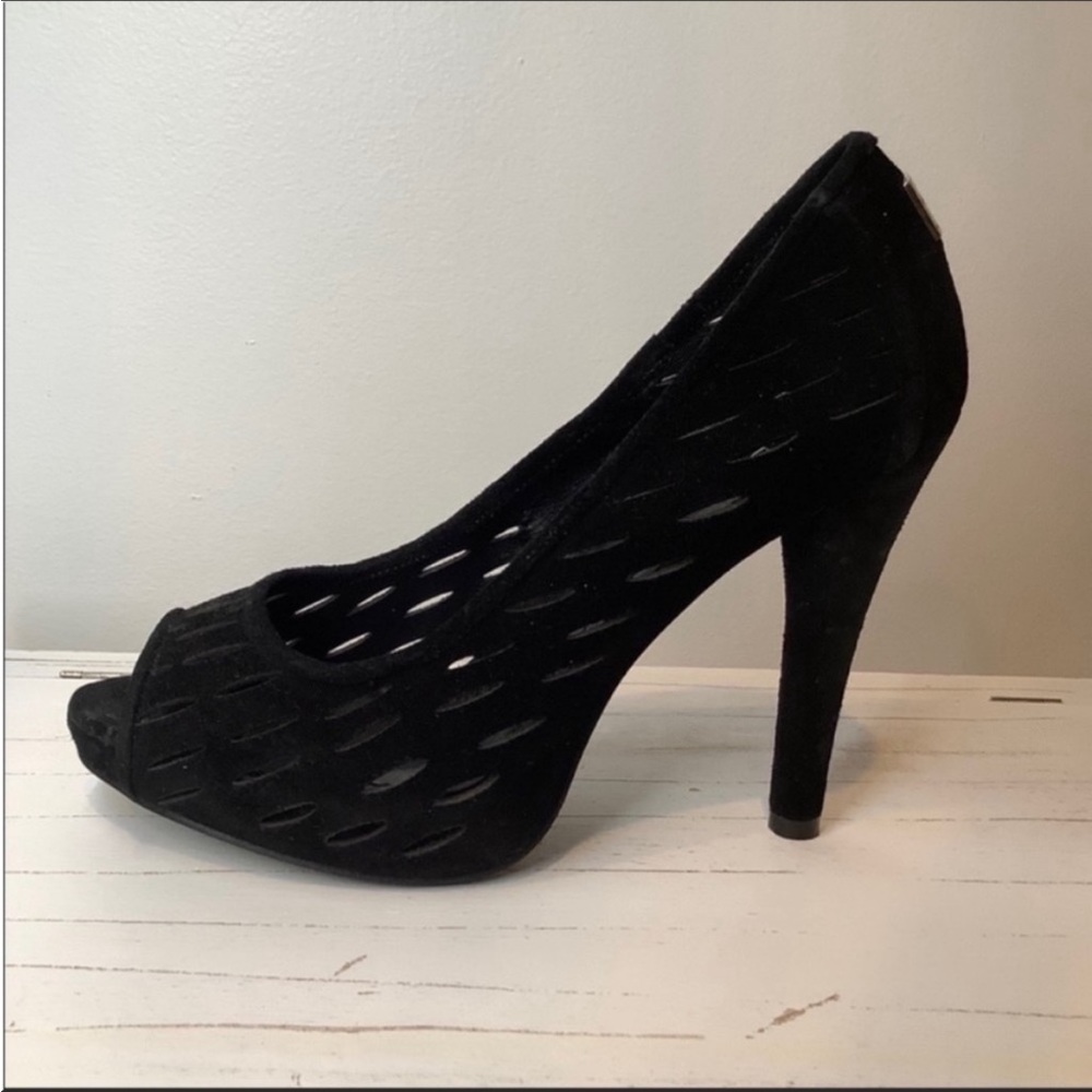 BCBG Darcee peep toe black suede heels. Like new